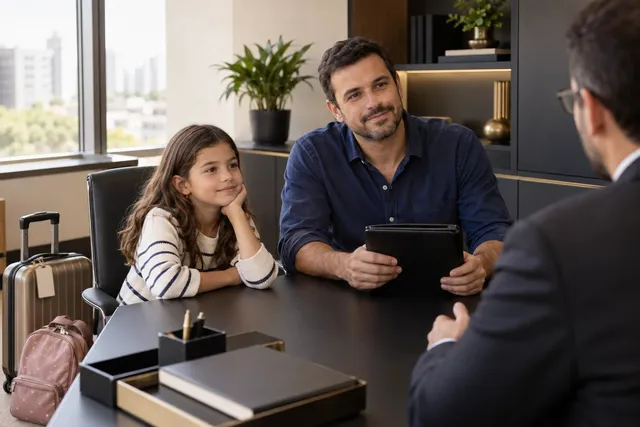 Pai e filha recebendo orientação de advogado para autorização de viagem de menor em Indaiatuba