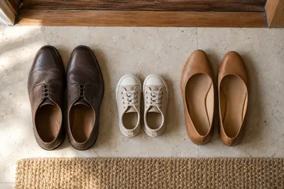 Tênis infantis e sapatos adultos lado a lado no chão da entrada de casa