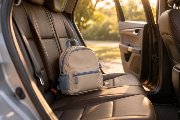Mochila infantil no banco de trás de um carro, com a porta aberta