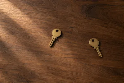 Duas chaves de casa sobre uma mesa de madeira, uma delas afastada da outra